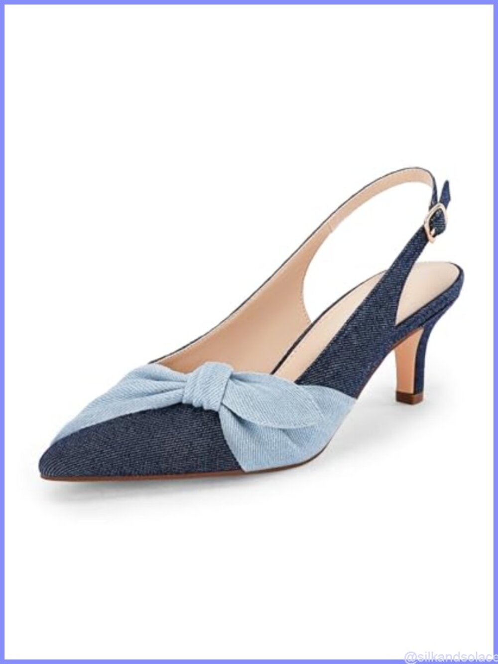 Women's Denim Slingback Kitten Heel Pumps Bow Pointed Toe Dress Shoes
